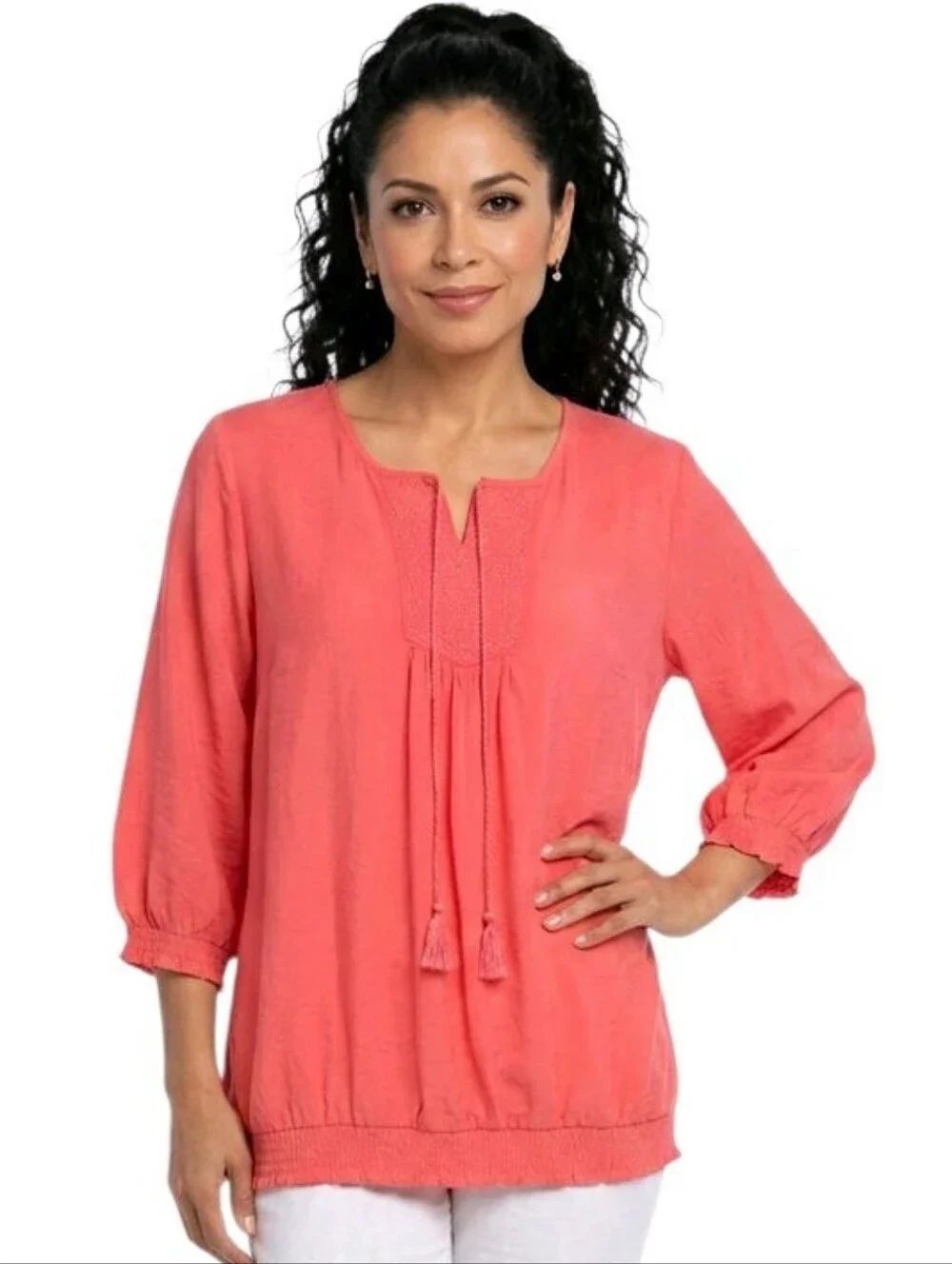 Alfred Dunner Coral Embroidered Split Neck Peasant Blouse Size 18